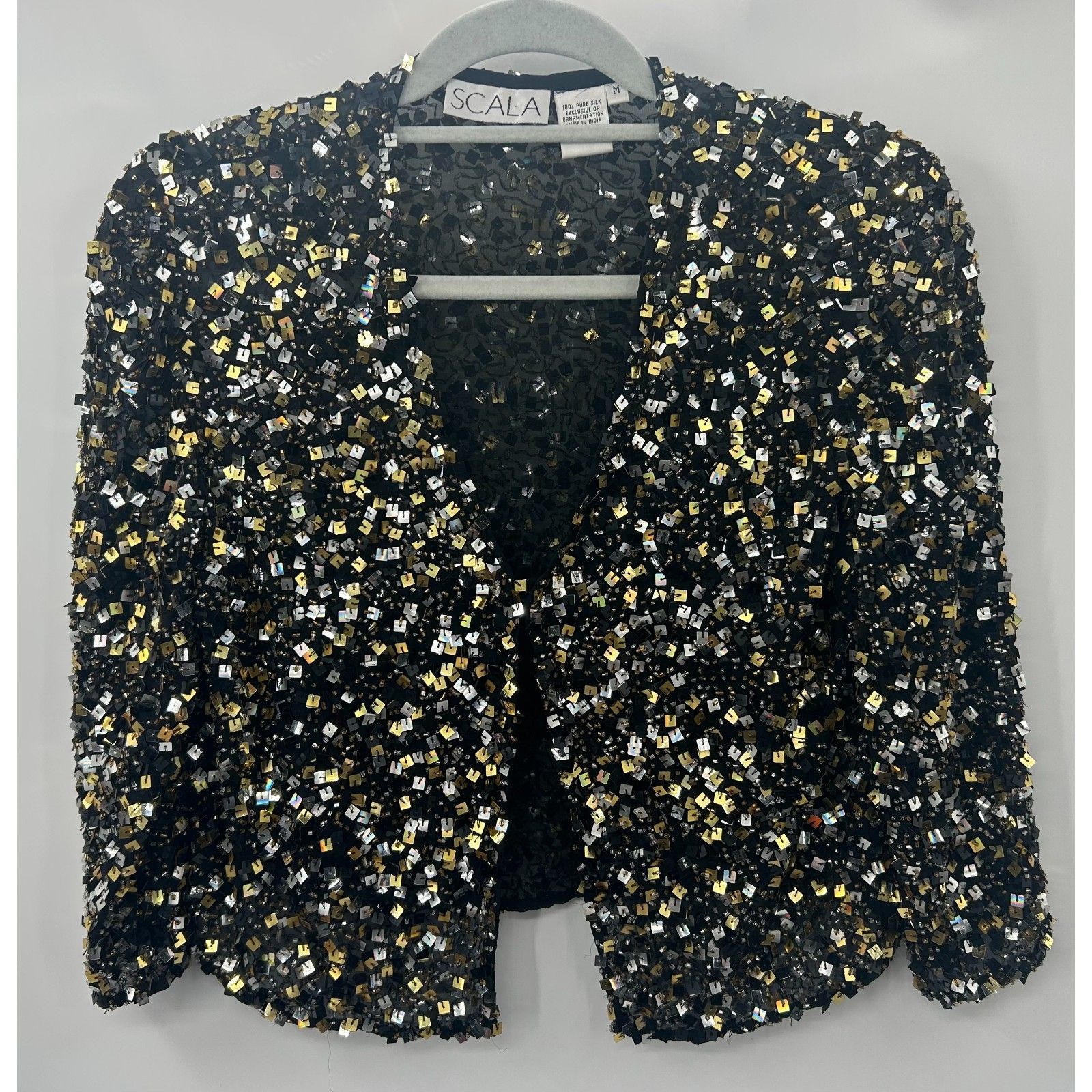 Scala Beaded Sequin Geometric Bolero Jacket M Black Gold Lined Silk Bolero